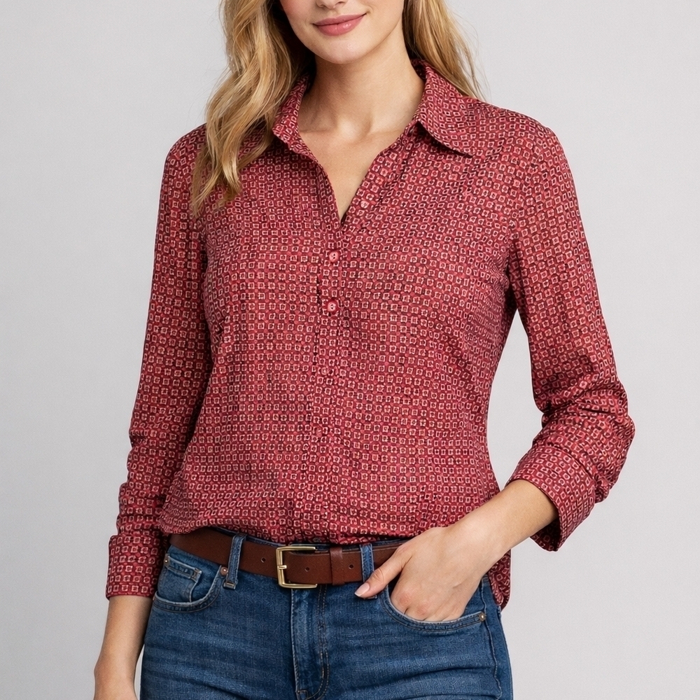 LILLY PULITZER Geometric Long Sleeve Brass Half Button Down Shirt